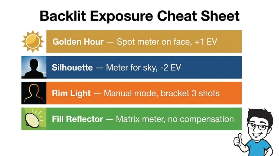 Backlit exposure settings cheat sheet showing settings for silhouettes, rim light, fill flash, and HDR