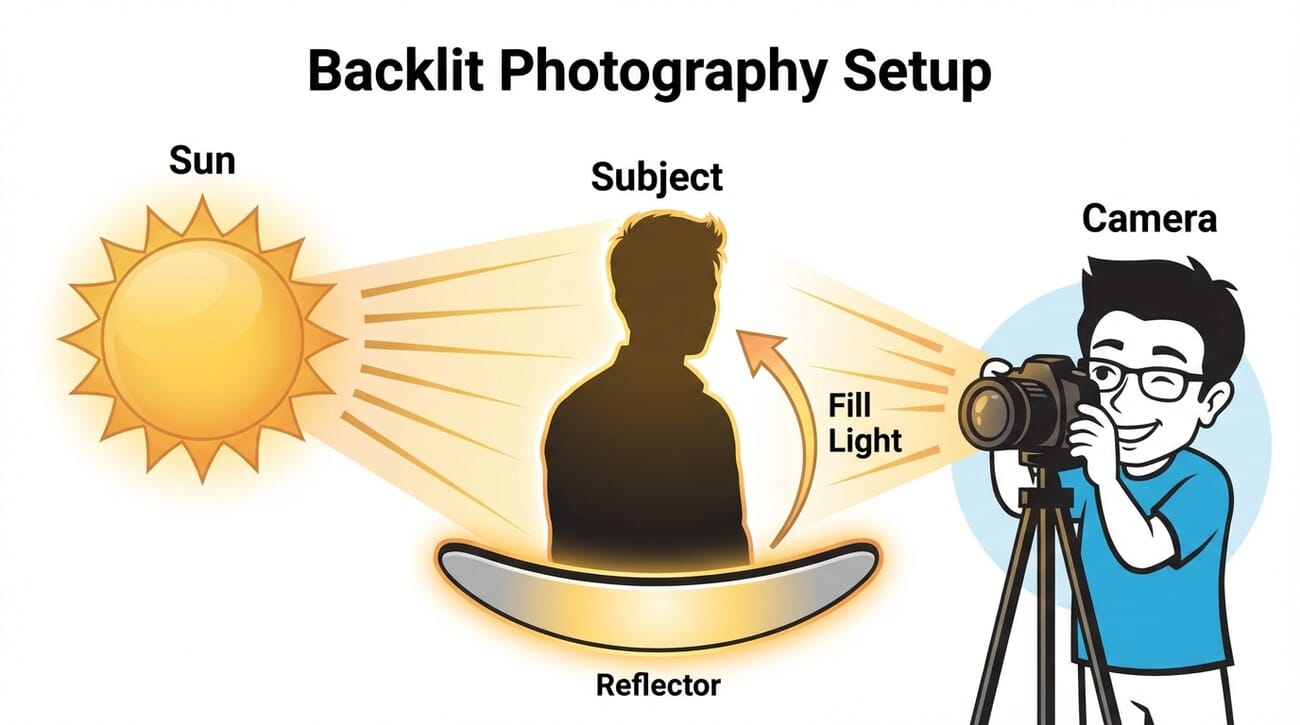 Diagram showing reflector and subject positioning for backlit photography