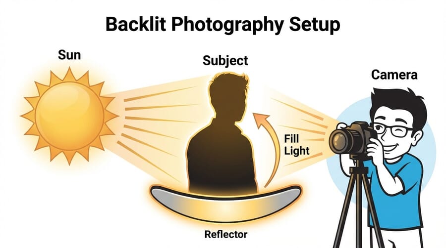 Diagram showing backlit photography setup with sun, subject, camera, and reflector positions