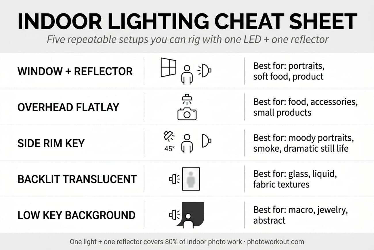 Indoor lighting cheat sheet showing five lighting setups: window plus reflector, overhead flat-lay, side rim key, backlit translucent, and low-key background
