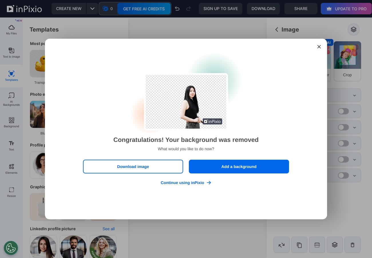InPixio background removal result showing a portrait with the background cleanly removed