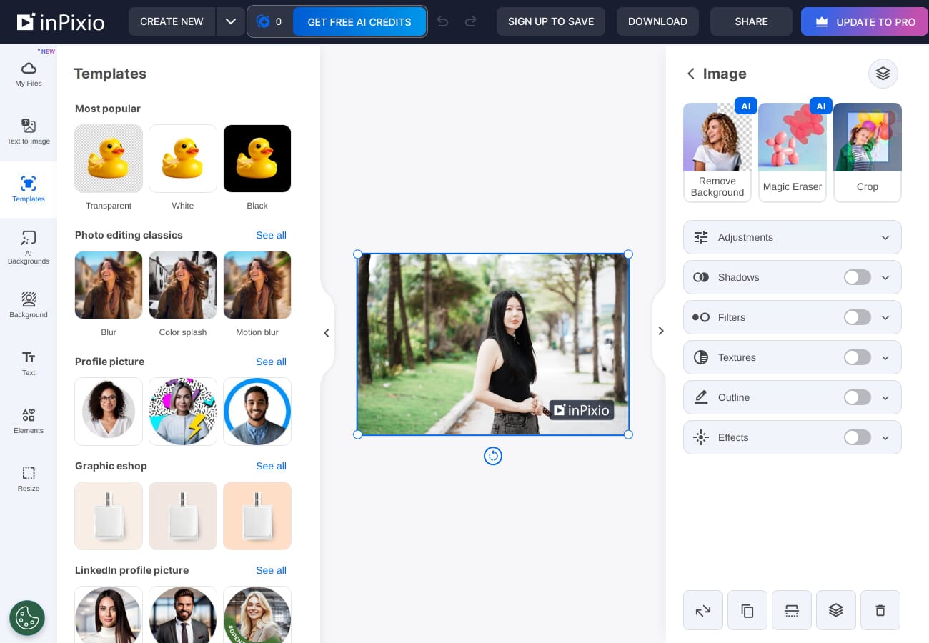 InPixio online editor with a portrait photo loaded showing editing tools and templates