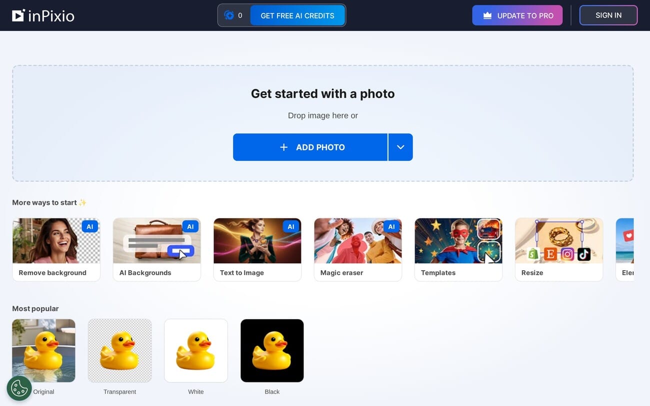 InPixio online editor landing page showing AI tools and upload area