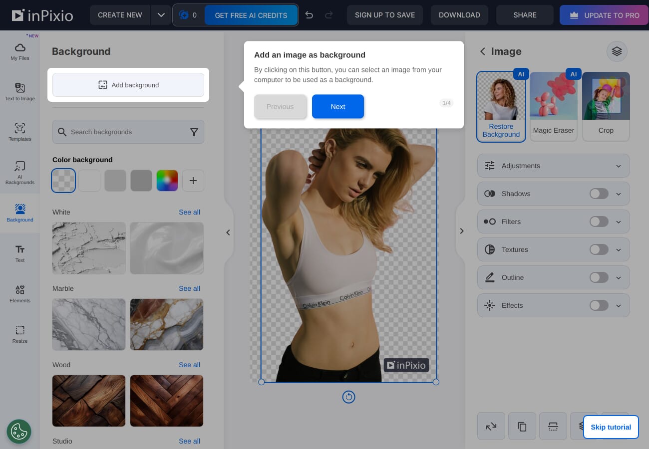 InPixio background replacement interface showing background color and texture options