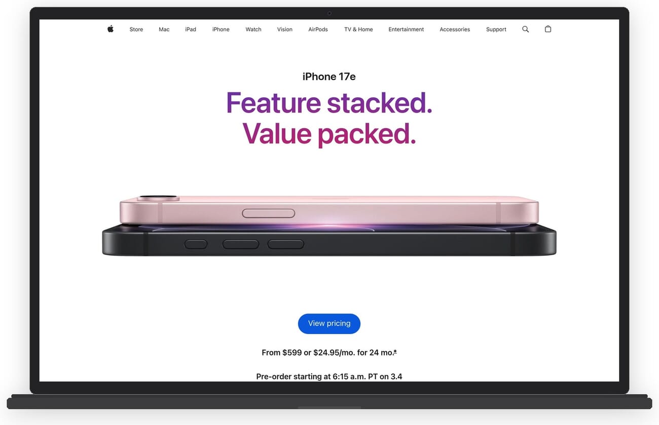 Apple iPhone 17e product page showing the new smartphone design and camera
