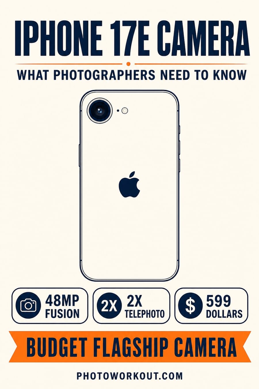 Vertical graphic summarizing the iPhone 17e camera: 48MP Fusion, 2x telephoto, $599, single rear lens