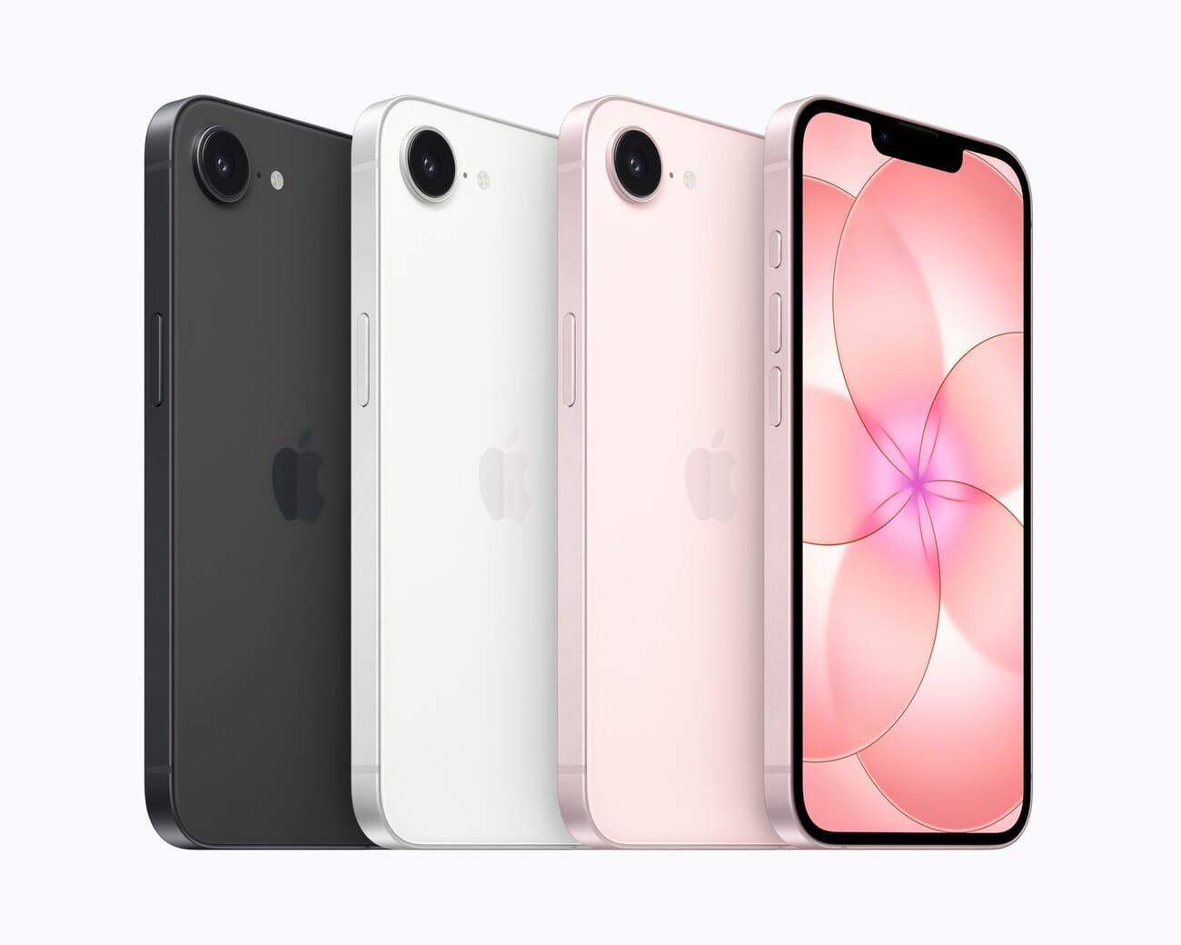 iPhone 17e color lineup showing the phone in black, white, and soft pink from front and back