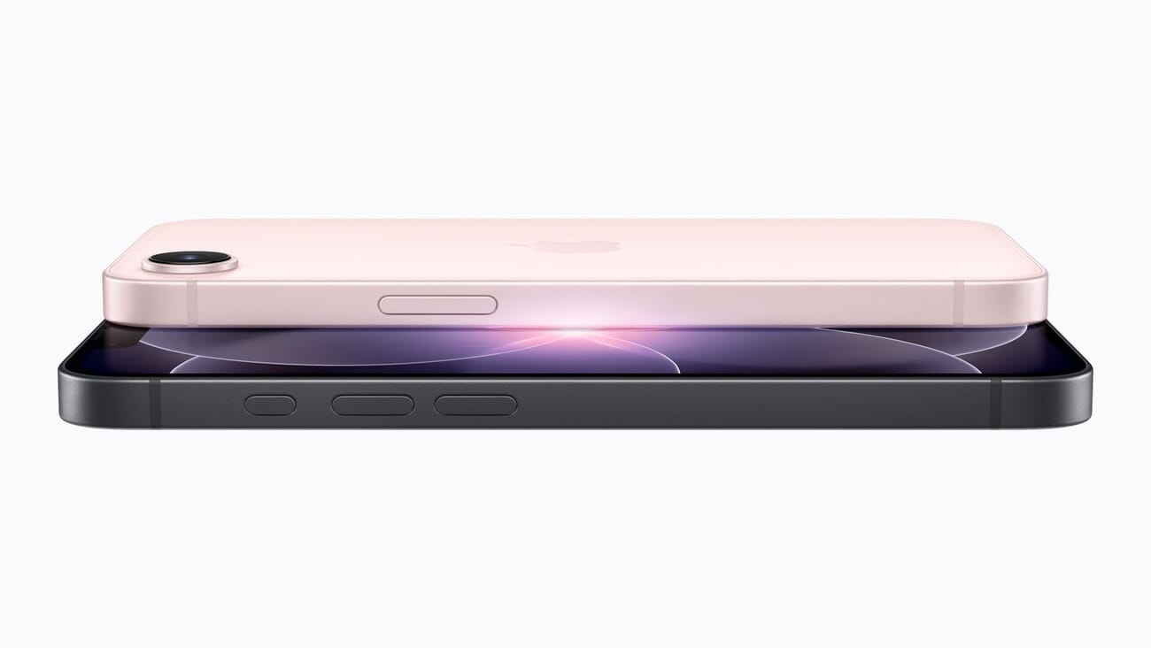 Close-up side profile of the iPhone 17e in pink showing its single rear camera lens and thin profile