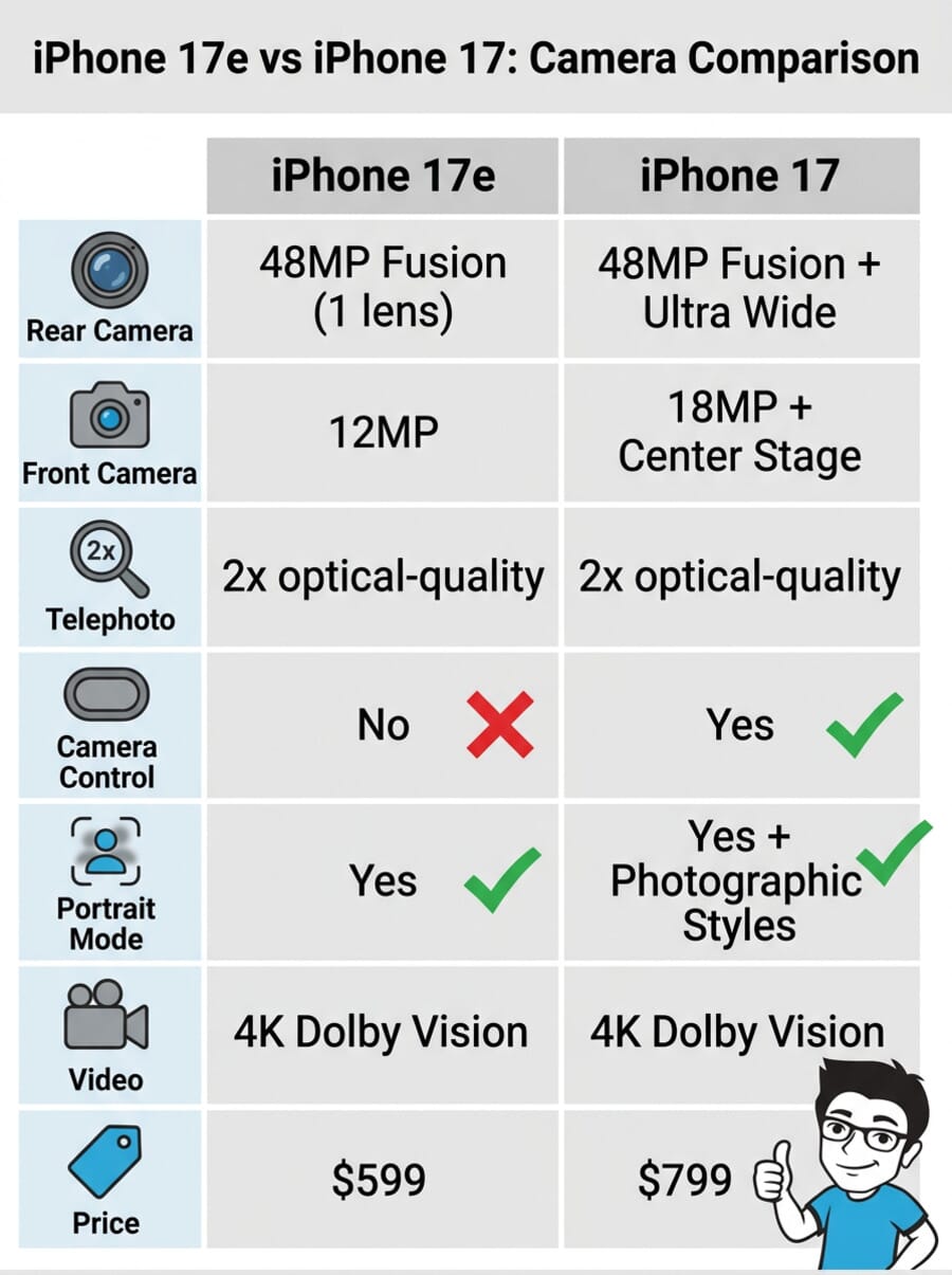 Infographic comparing iPhone 17e vs iPhone 17 camera specifications for photographers