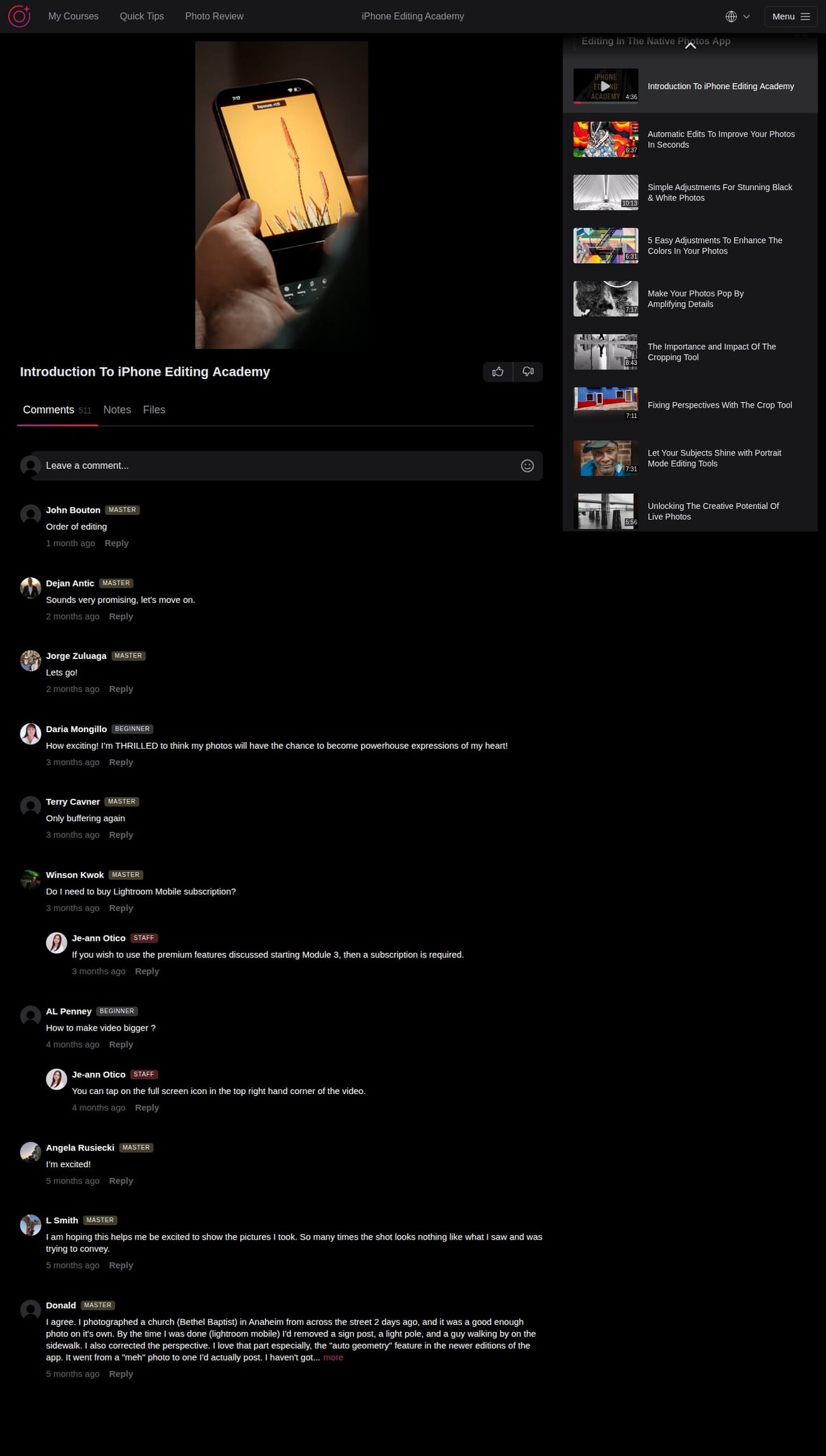 iPhone Editing Academy course platform showing video lesson interface, module sidebar, and community comments