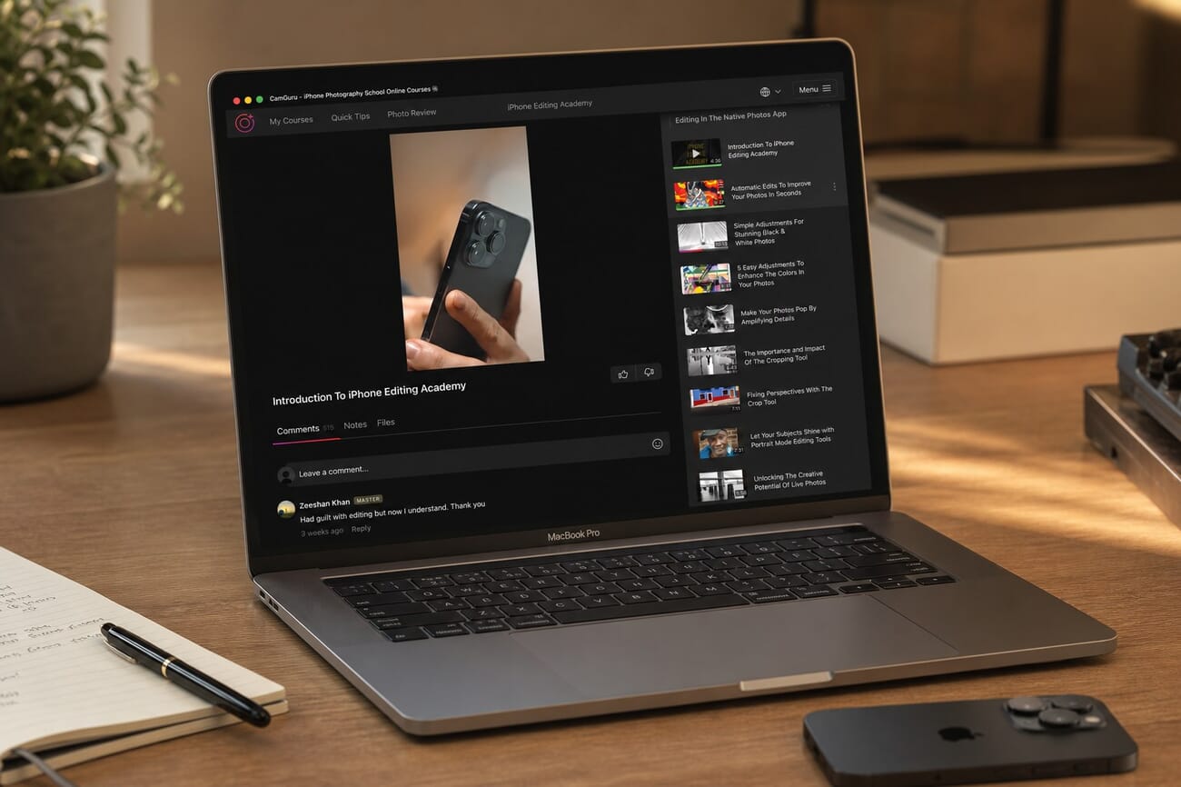 MacBook displaying the lesson player view with the Lightroom Mobile editing screen and lesson playlist