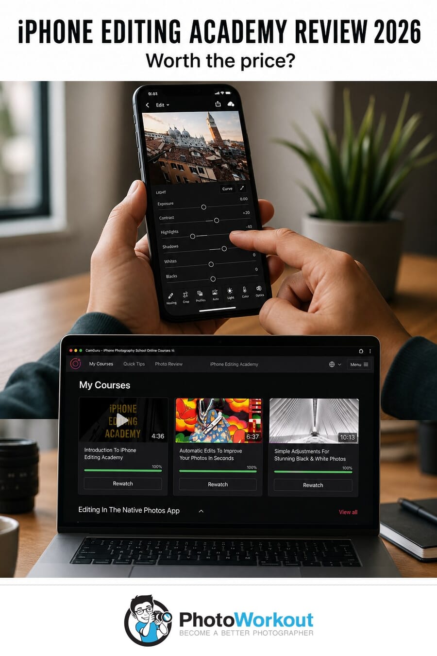 iPhone Editing Academy Review 2026 — vertical Pinterest pin