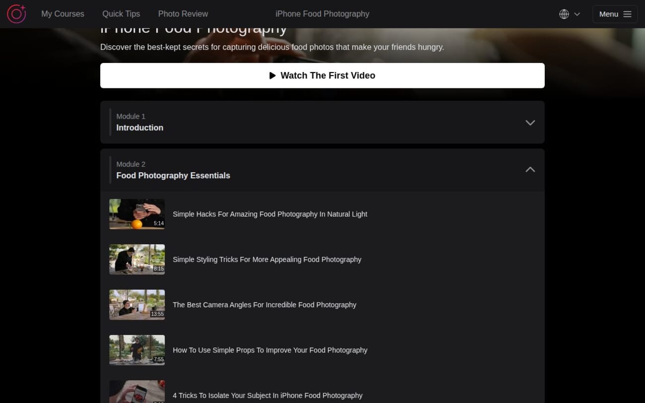 iPhone Food Photography course essentials module showing lessons on lighting styling and composition