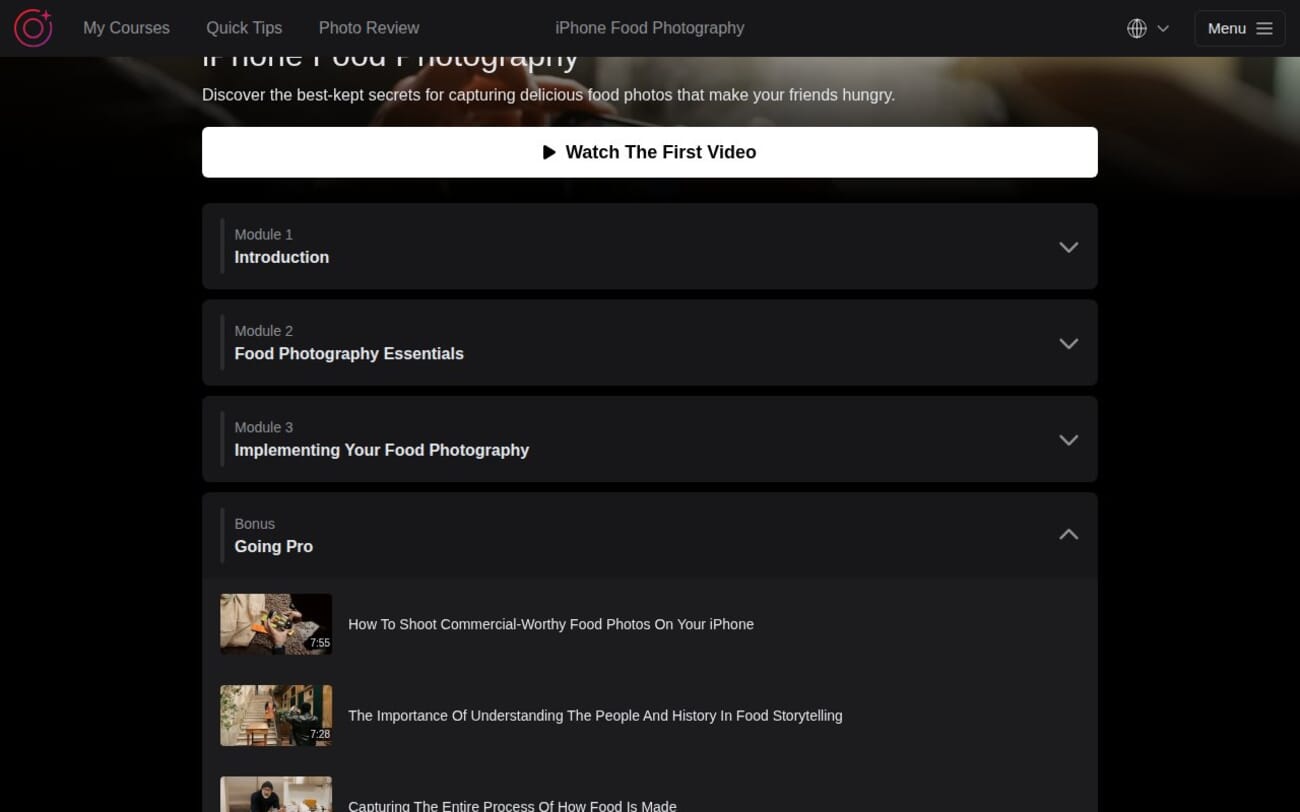 iPhone Food Photography Going Pro module showing lessons on commercial and restaurant photography