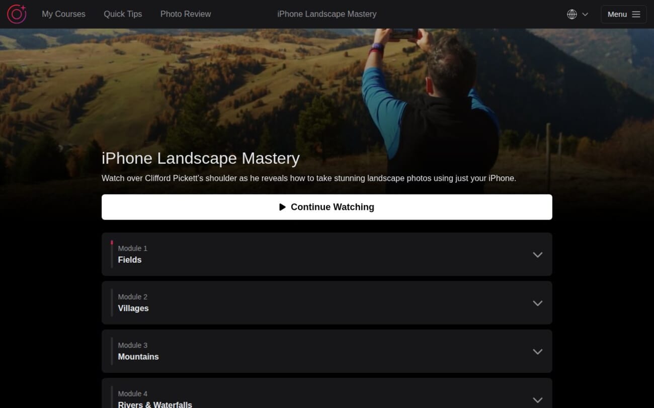 iPhone Landscape Mastery course platform showing module list and progress tracking