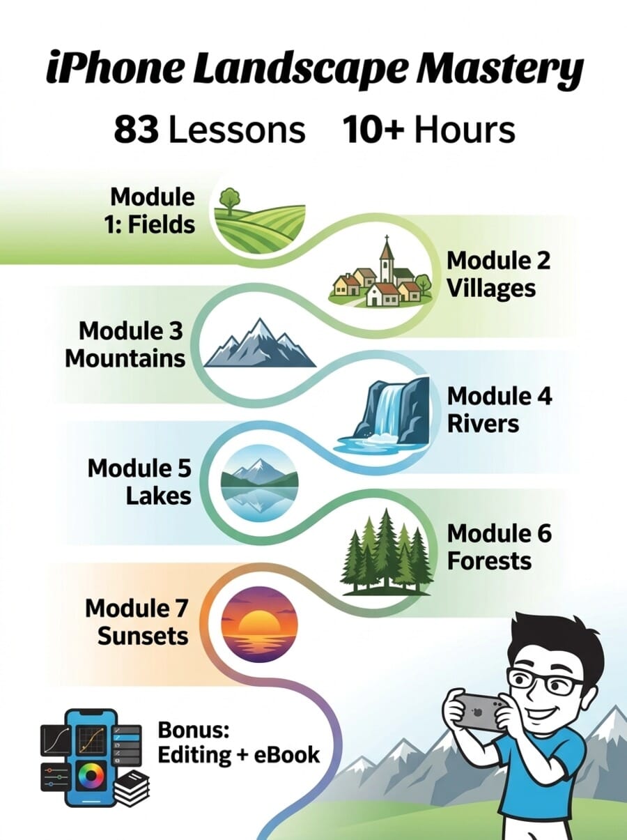 Visual roadmap of iPhone Landscape Mastery course showing 7 modules from Fields through Sunsets plus bonus content