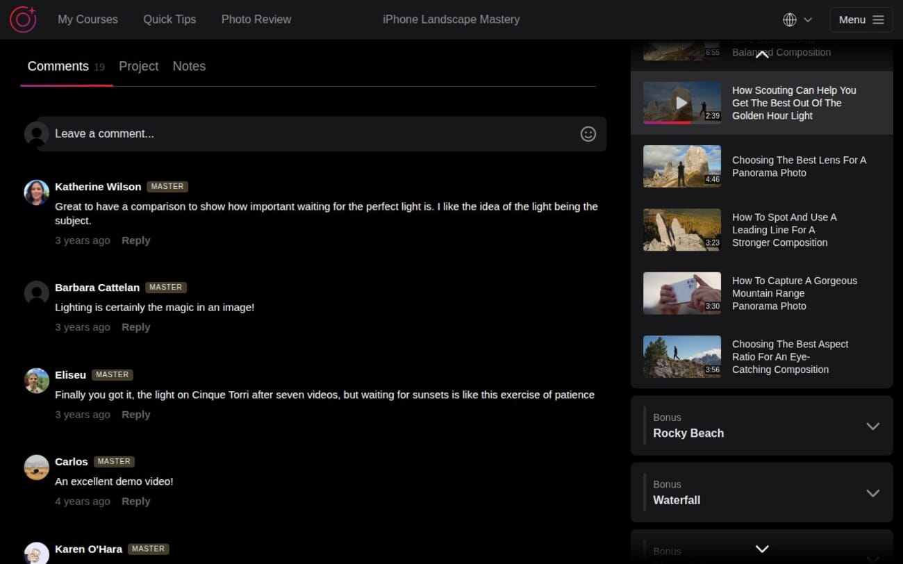 Student comments and discussion on an iPhone Landscape Mastery lesson