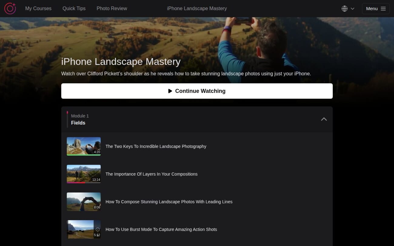 iPhone Landscape Mastery Module 1 Fields showing lesson list with video thumbnails