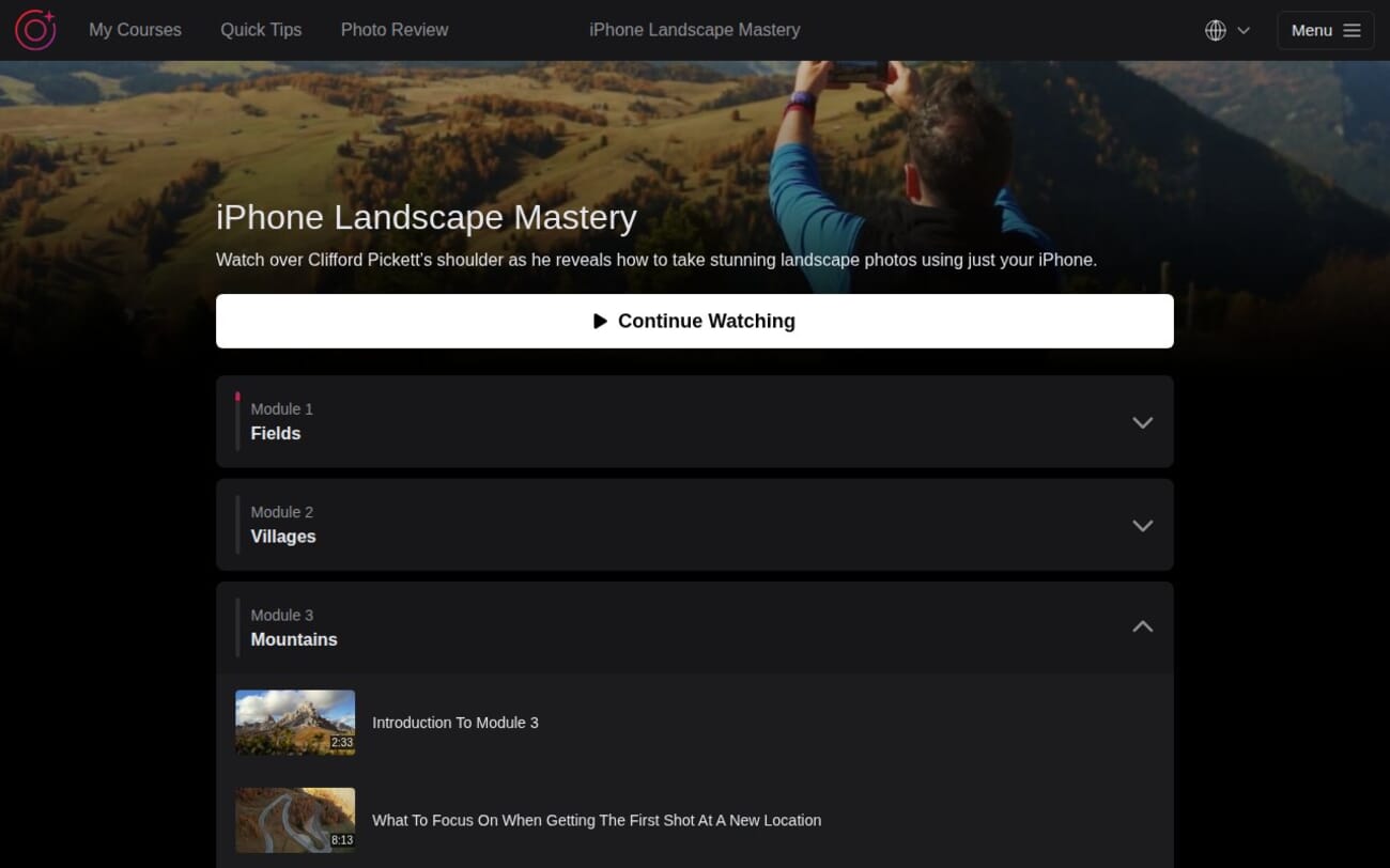 iPhone Landscape Mastery Module 3 Mountains showing mountain photography lessons