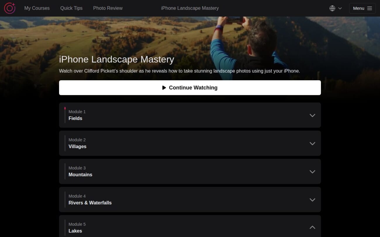 iPhone Landscape Mastery Module 5 Lakes showing lake photography lessons