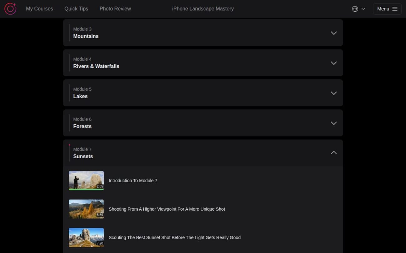 iPhone Landscape Mastery Module 7 Sunsets showing sunset photography lessons