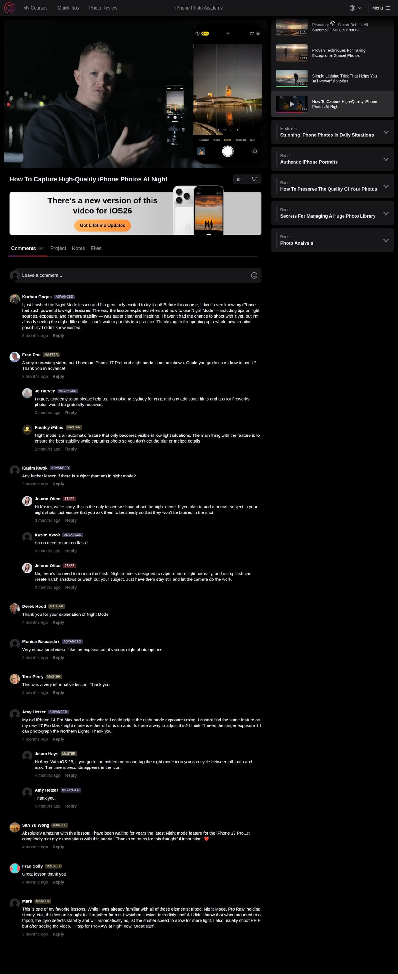 iPhone Photo Academy course platform showing video lesson, course sidebar with modules, and active comments section