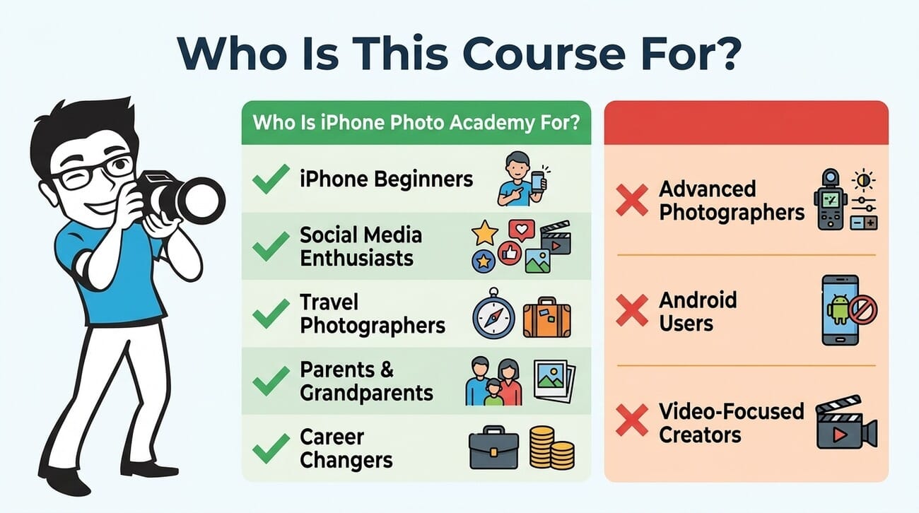 Infographic showing who iPhone Photo Academy is perfect for: beginners, social media enthusiasts, travel photographers, parents, and career changers