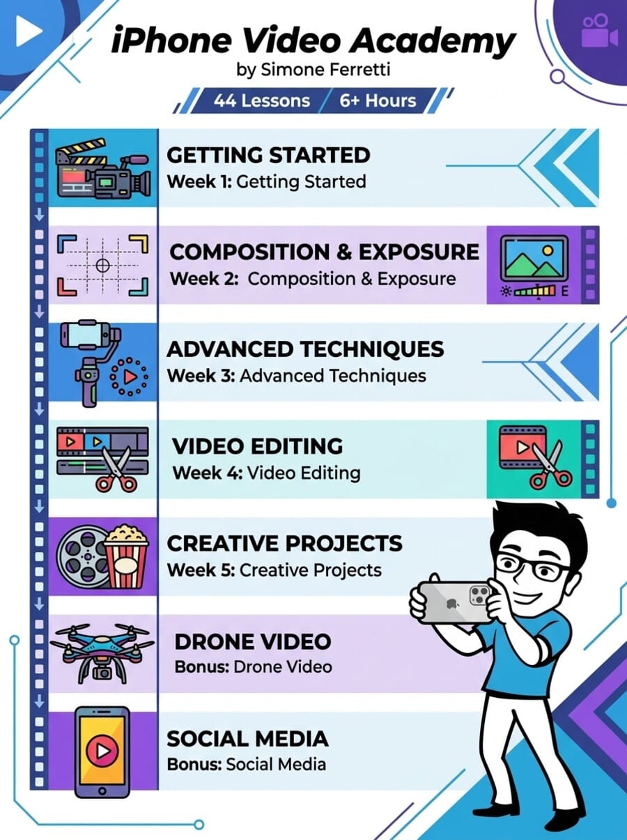 Visual roadmap of iPhone Video Academy course showing 7 modules from Getting Started through Social Media