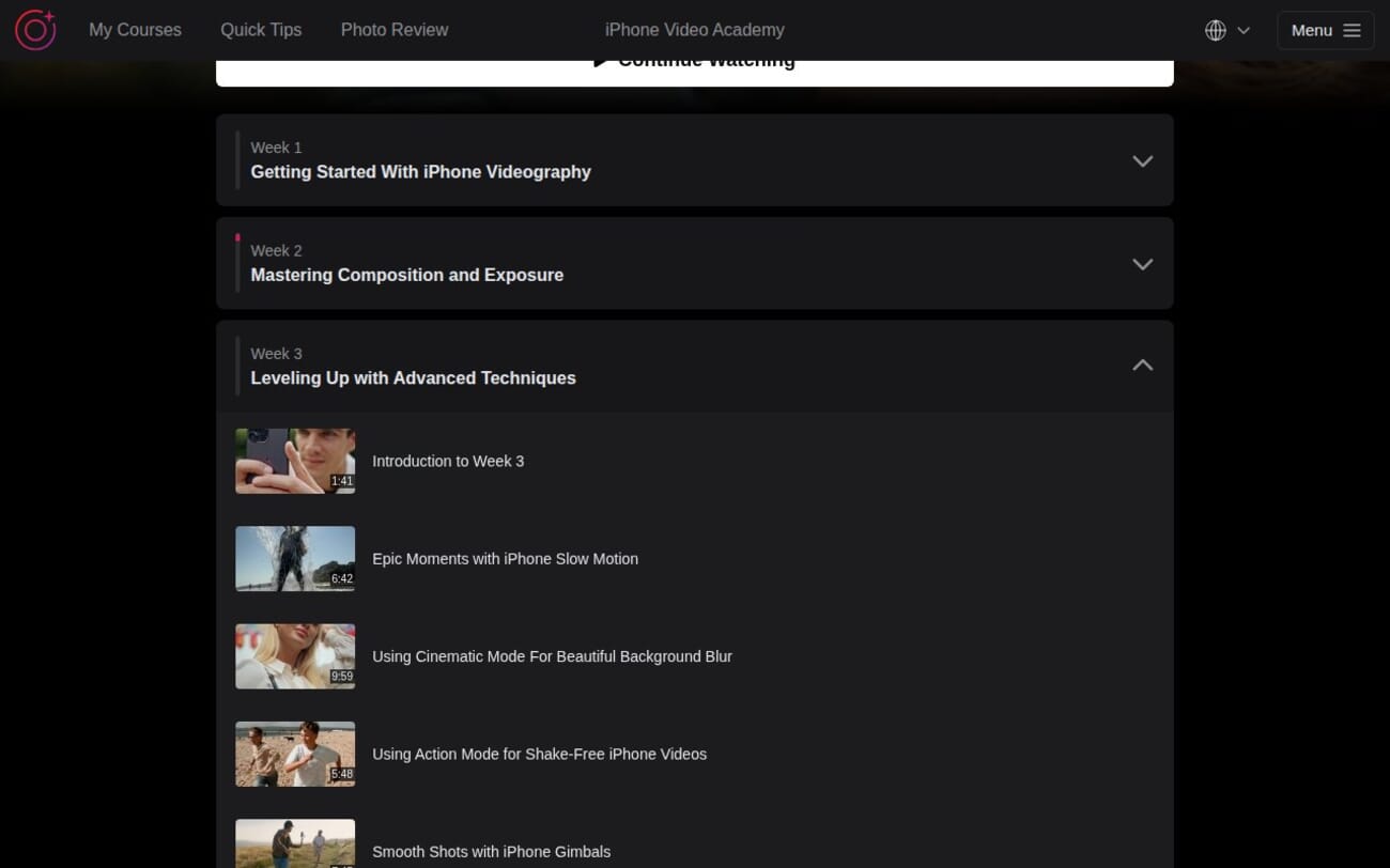 iPhone Video Academy Week 3 Advanced Techniques module showing Cinematic Mode Action Mode and gimbal lessons