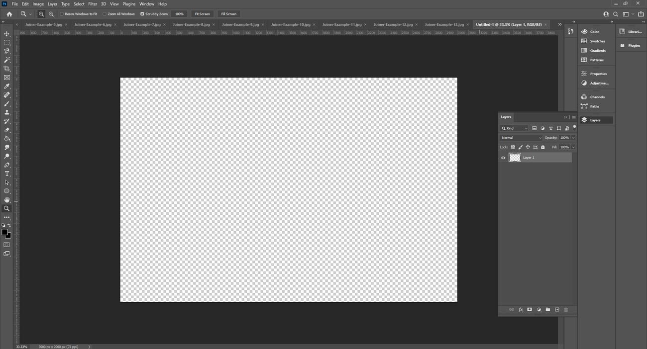 Photoshop 2026 — creating a new blank canvas for a joiner assembly