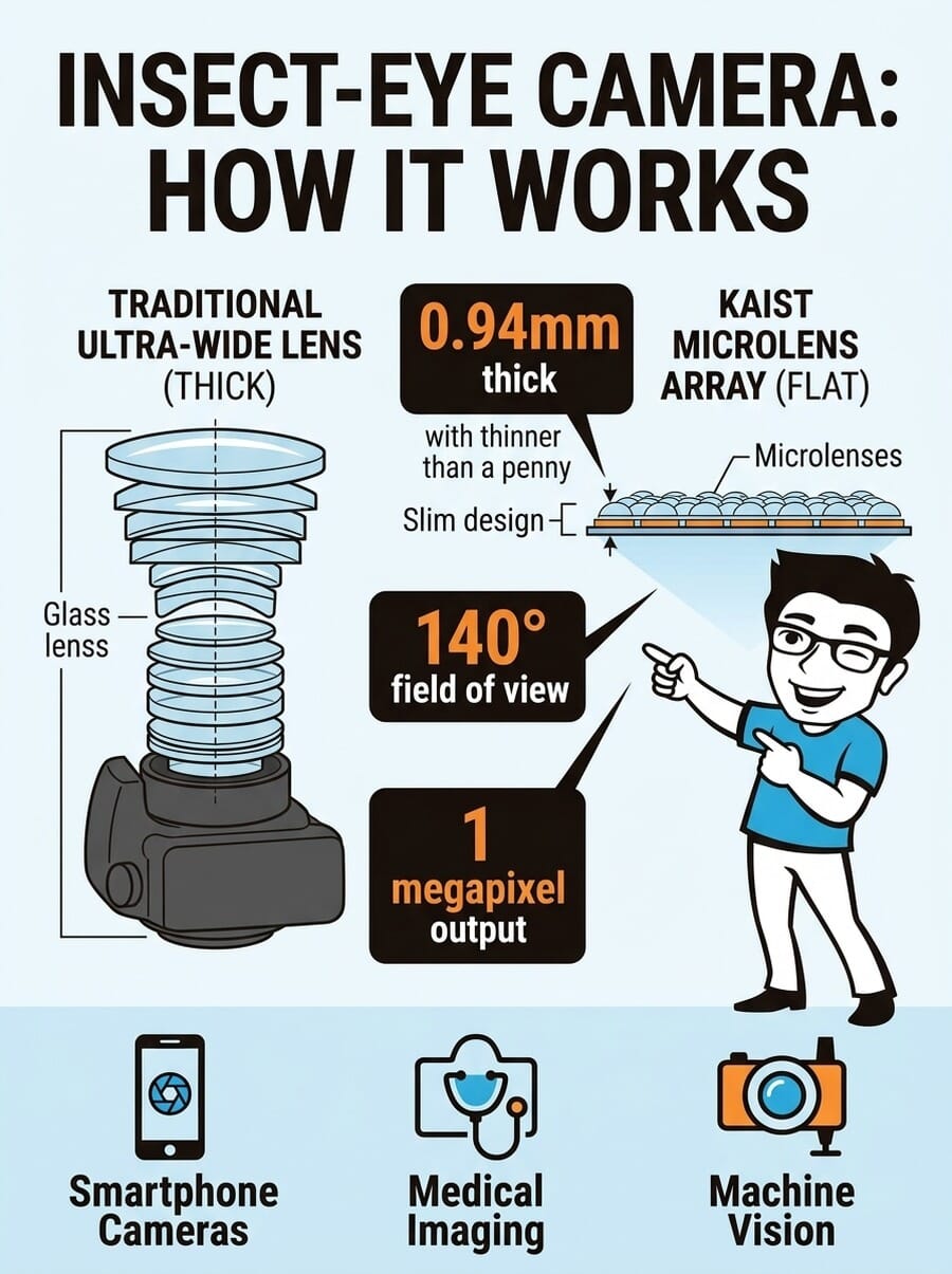 Infographic comparing traditional ultra-wide lens design versus the KAIST microlens array approach