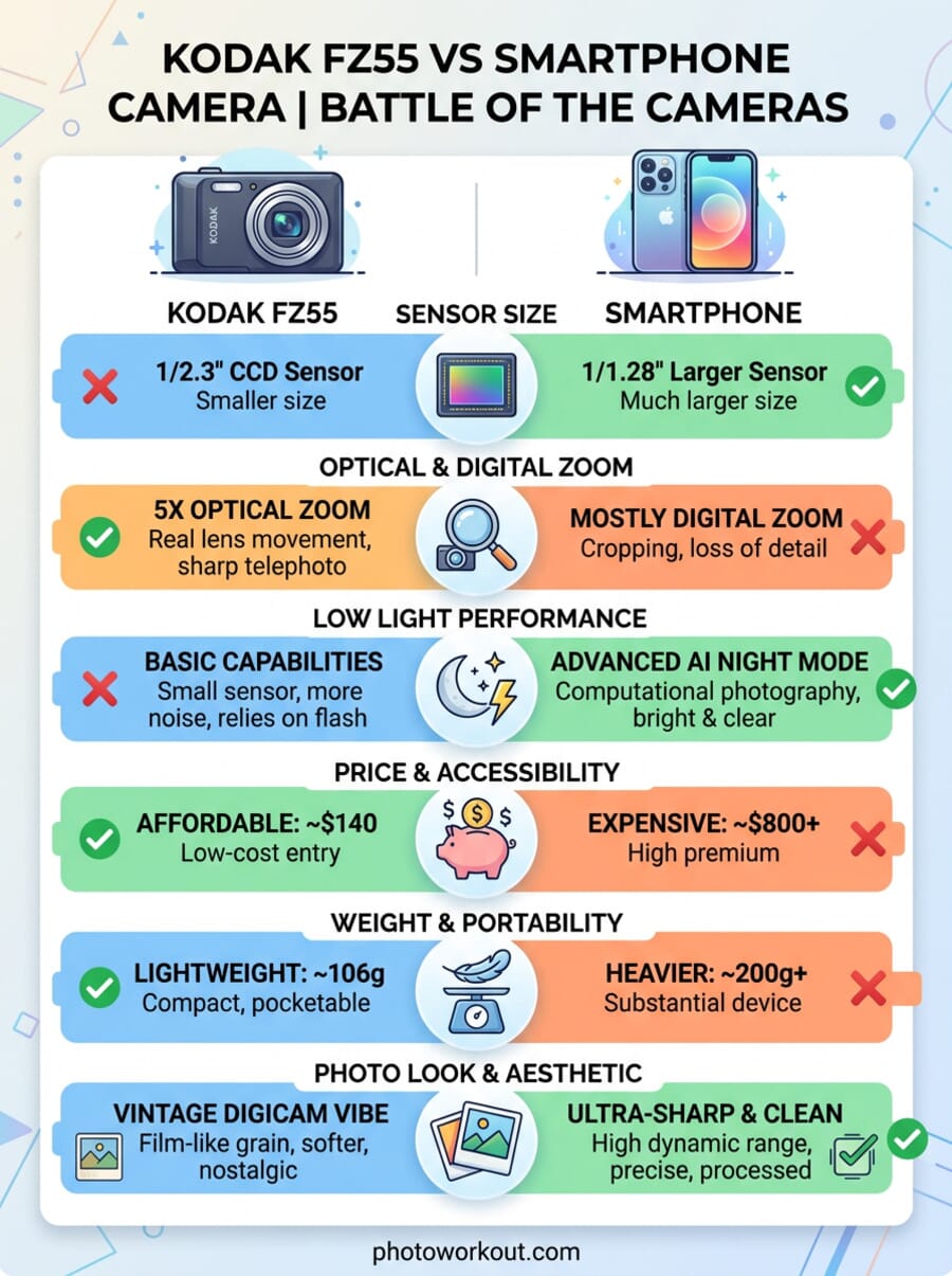 Infographic comparing Kodak PIXPRO FZ55 specs versus modern smartphone camera specs