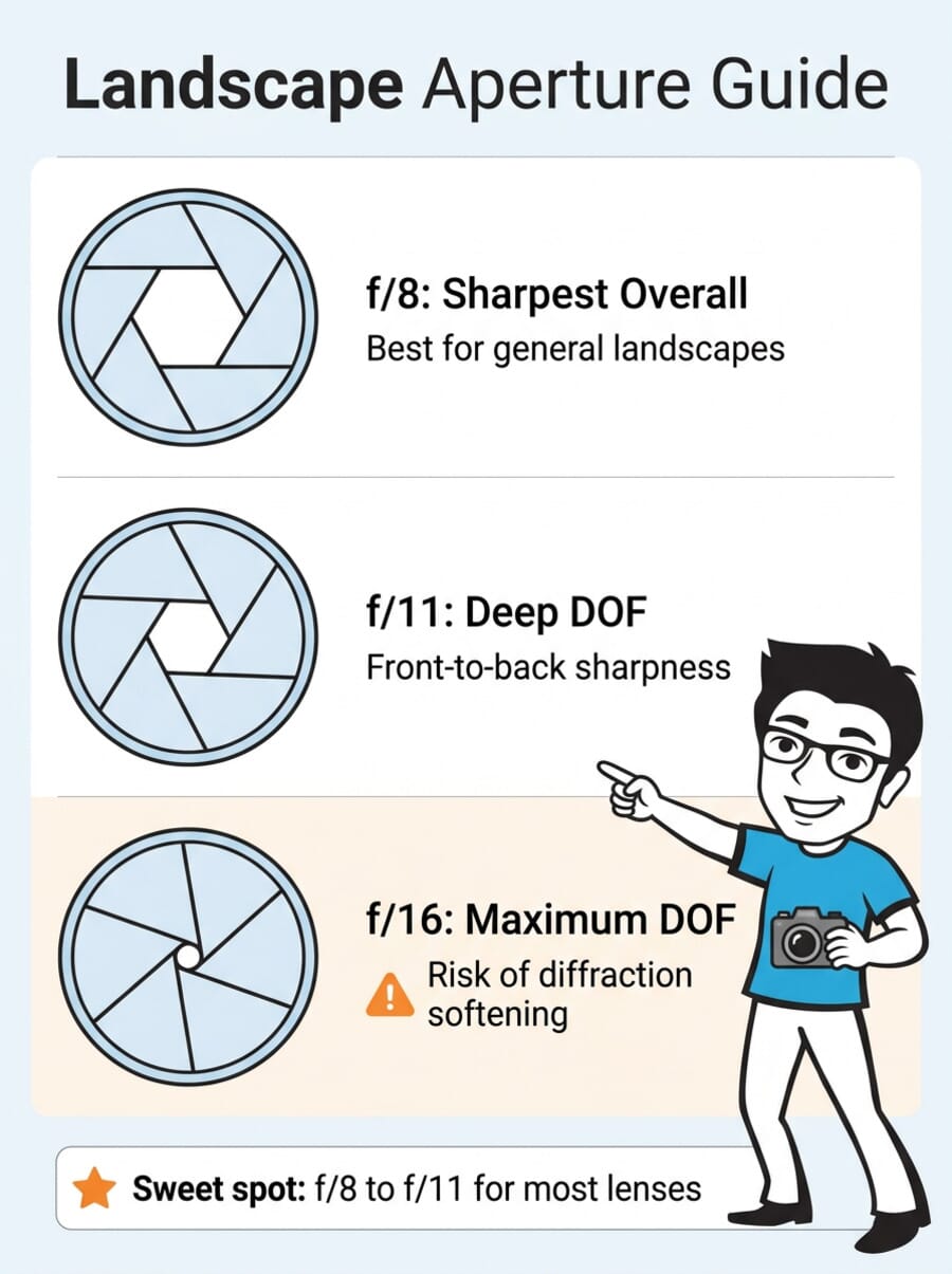 Landscape Aperture Guide infographic showing f/8, f/11, and f/16 comparison