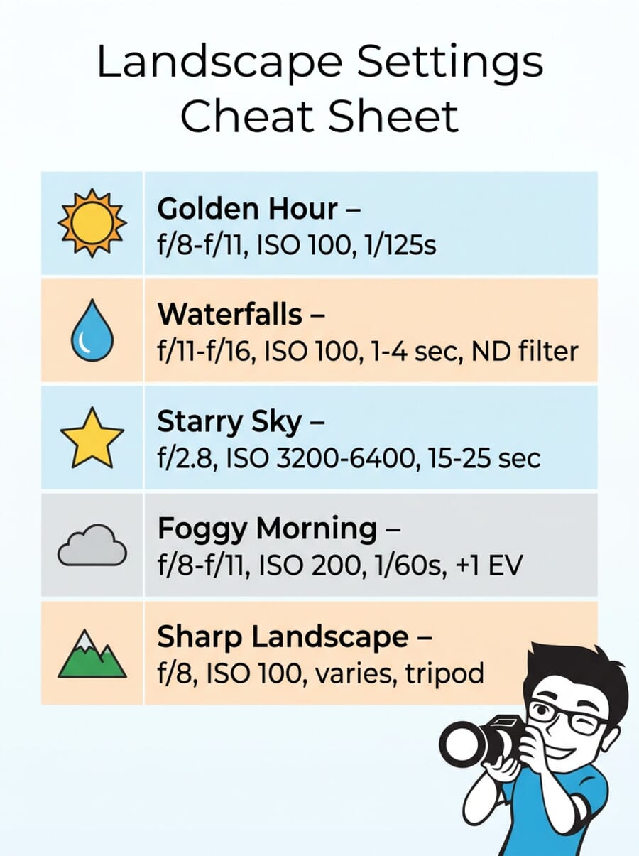 Landscape photography settings cheat sheet for golden hour, waterfalls, starry skies, fog, and general sharp landscapes