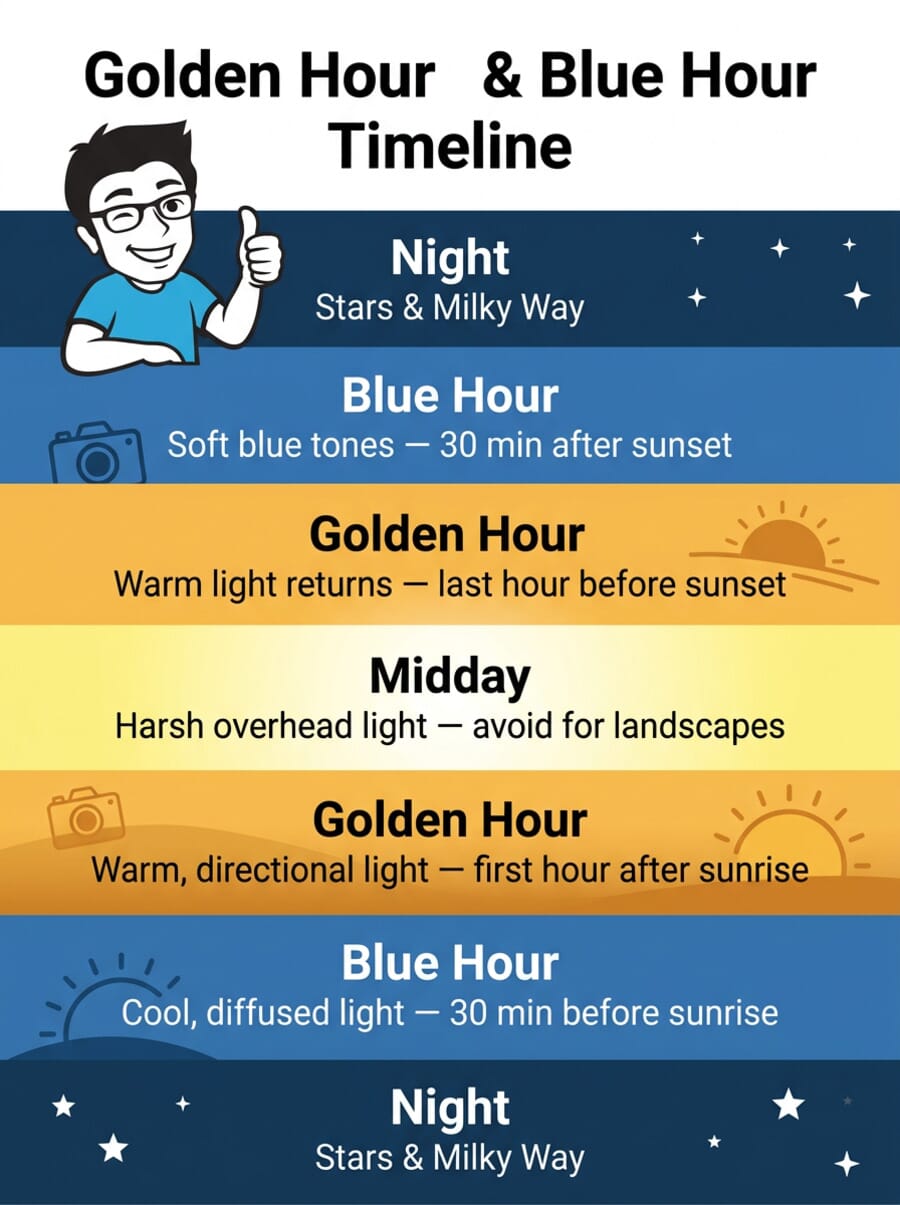 Golden Hour and Blue Hour timeline infographic showing light phases around sunrise and sunset