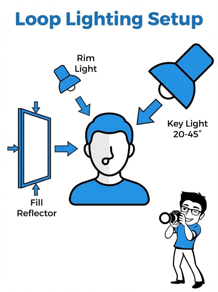 Loop lighting setup diagram showing key light position at 20-45 degrees
