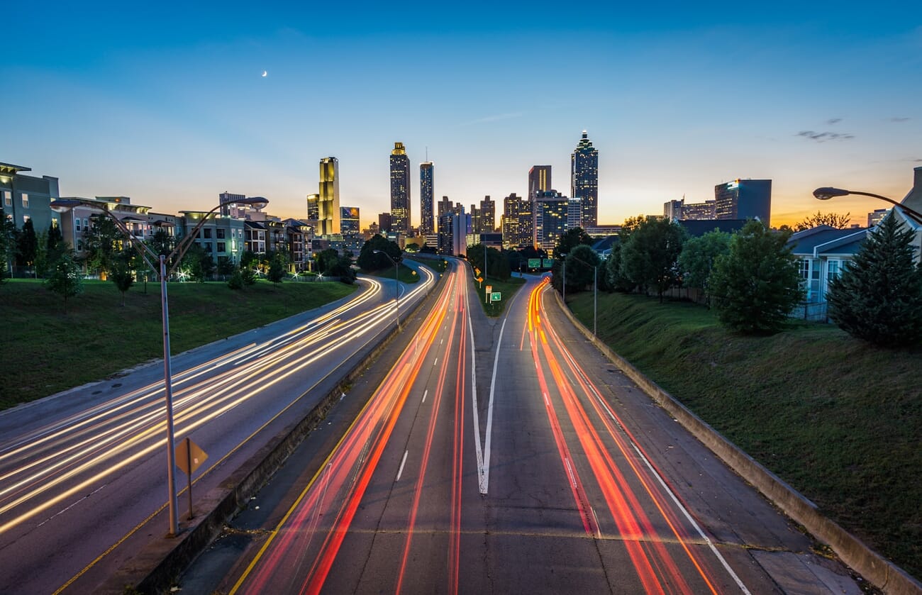 Urban light trails from car headlights at night
