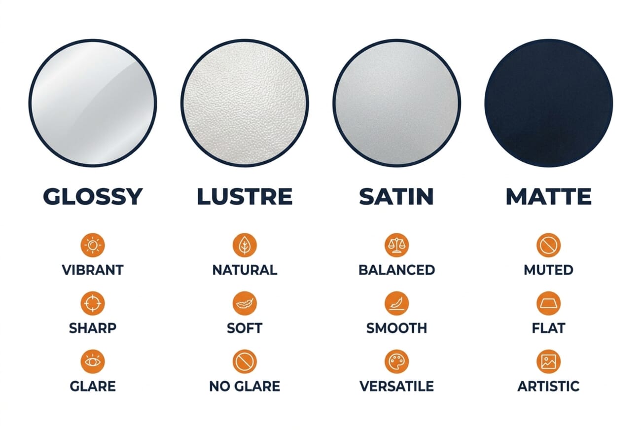 Comparison infographic of glossy, lustre, satin, and matte photo print finishes showing texture, reflectivity, and key traits