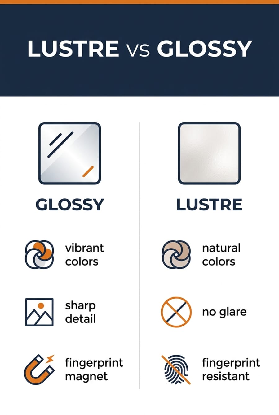 Lustre vs Glossy photo print finish comparison infographic for Pinterest