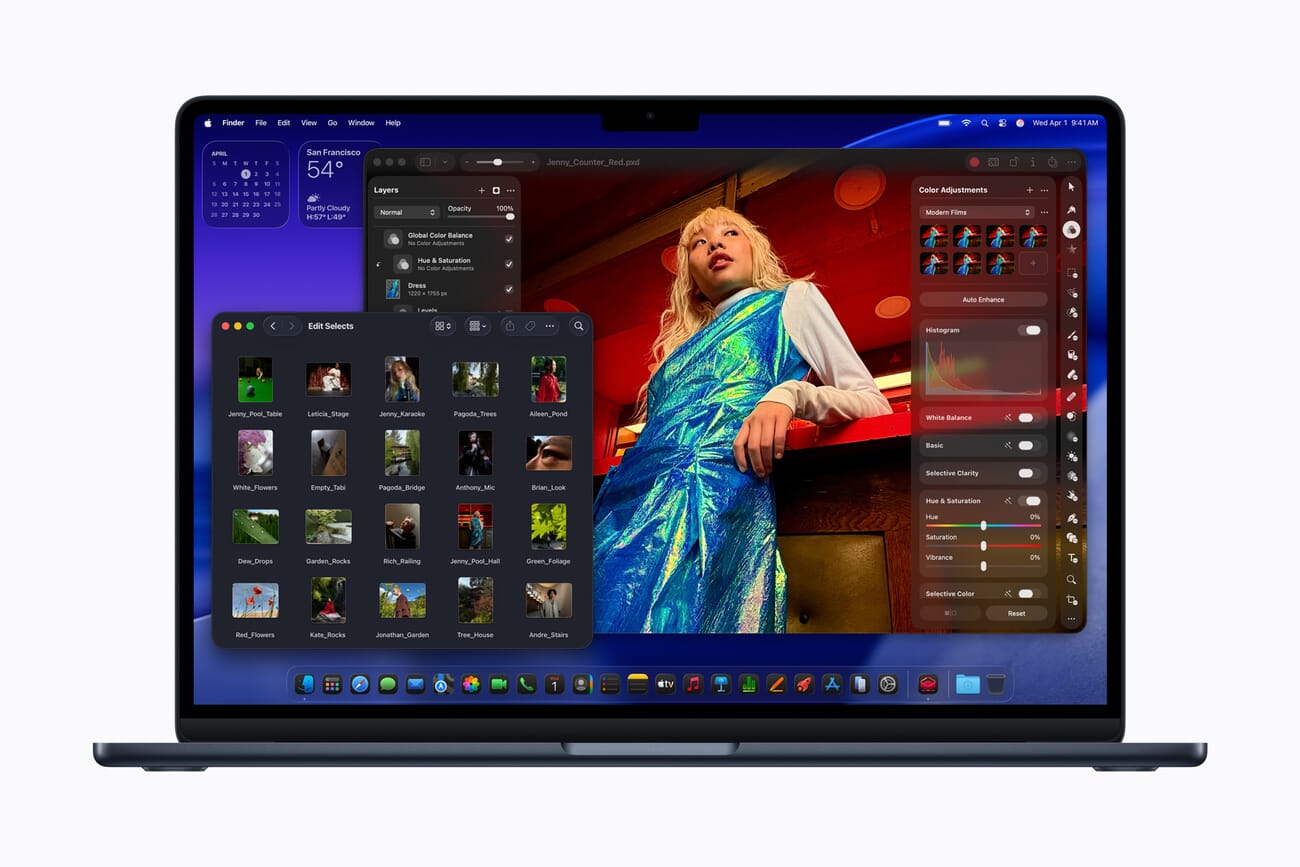 MacBook Air M5 running Pixelmator Pro with a photo library open in Finder