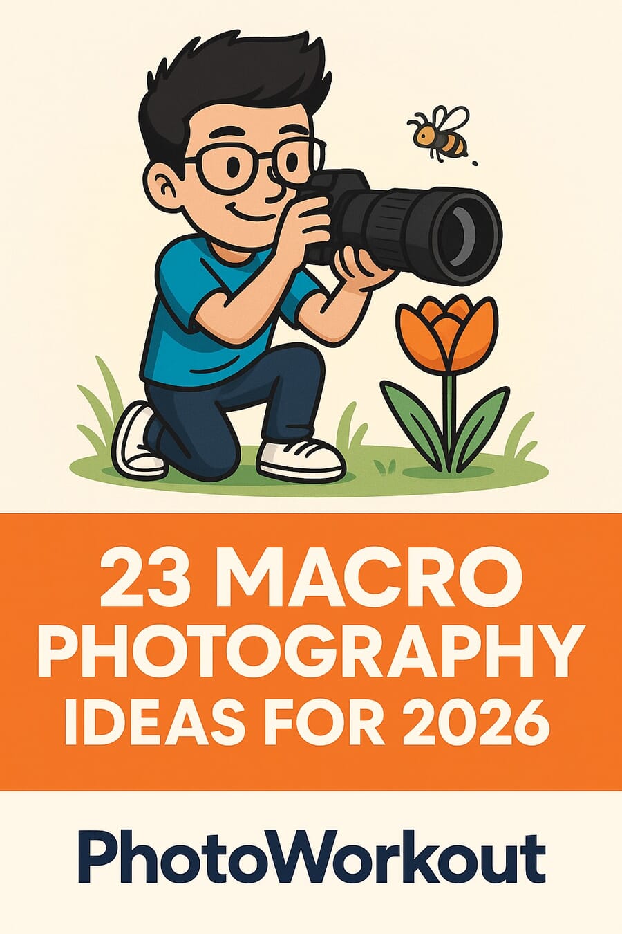 23 Macro Photography Ideas for 2026 Pinterest pin — PhotoWorkout mascot photographing a tulip with a bee in the scene