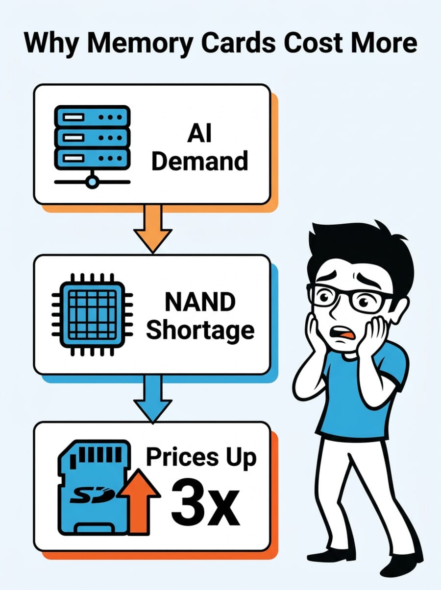 Infographic showing how AI demand leads to NAND shortage which leads to memory card prices tripling