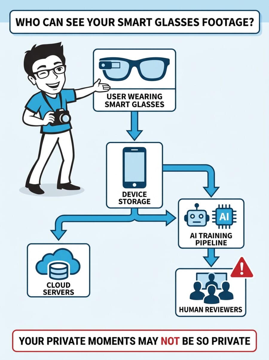 Infographic showing who can see your smart glasses footage - data flow from user to cloud to human reviewers