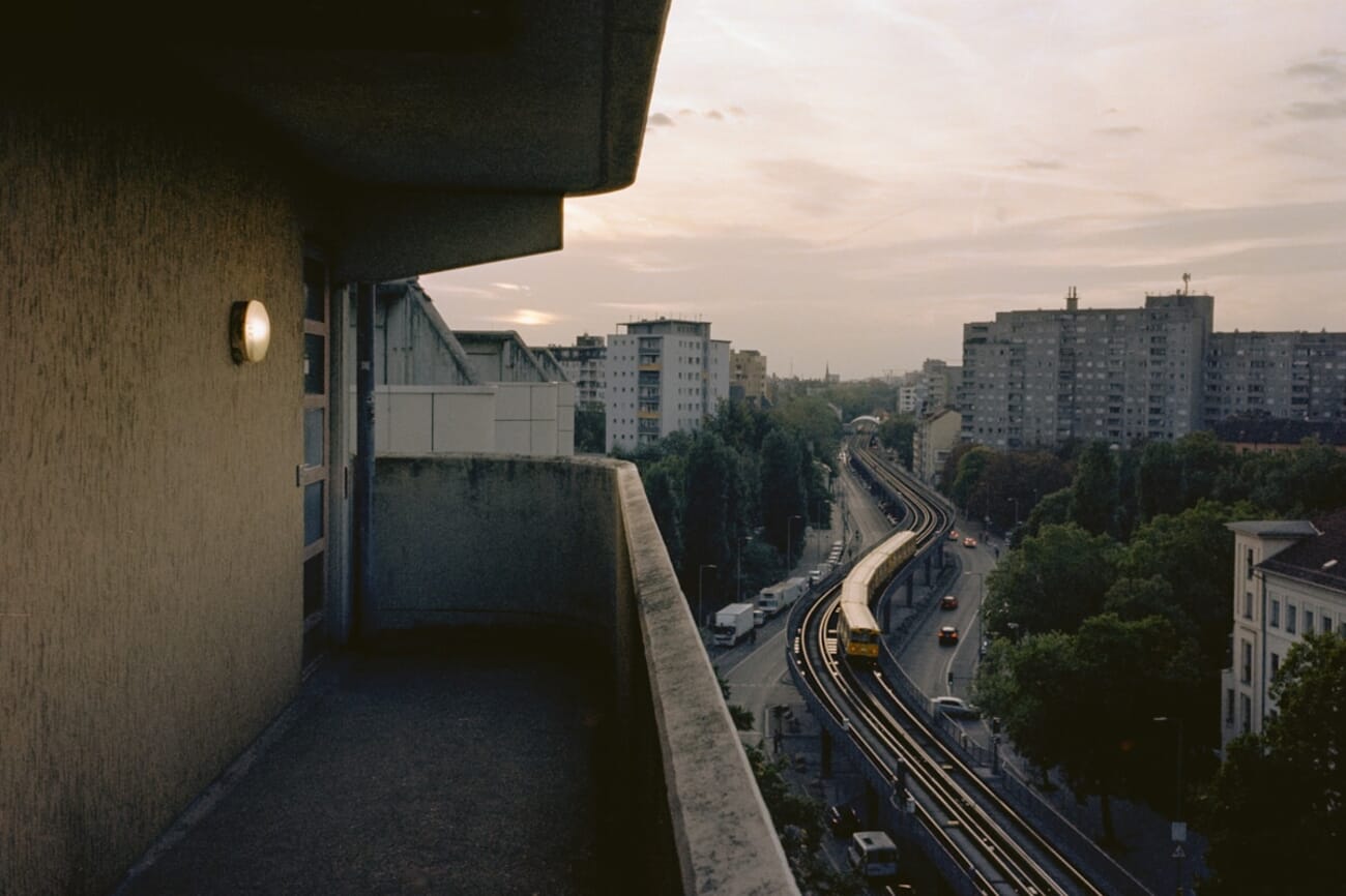Sunset cityscape with railway — shot on Minolta CLE in Berlin