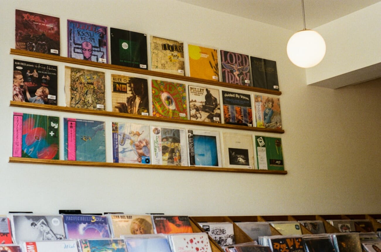 Vinyl record collection in a music shop — shot on Minolta X-700