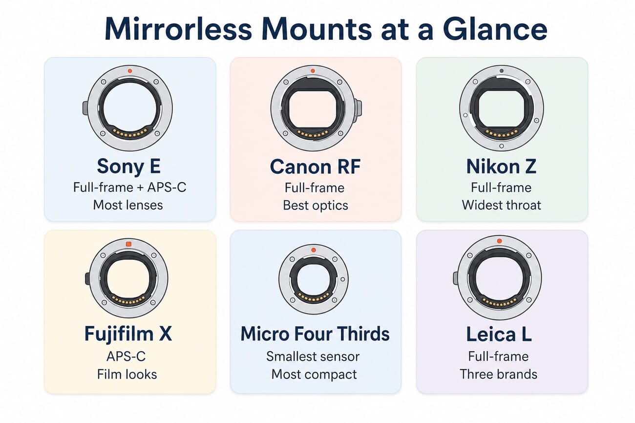 Infographic comparing the six major mirrorless lens mounts — Sony E, Canon RF, Nikon Z, Fujifilm X, Micro Four Thirds and Leica L — by sensor format and strength