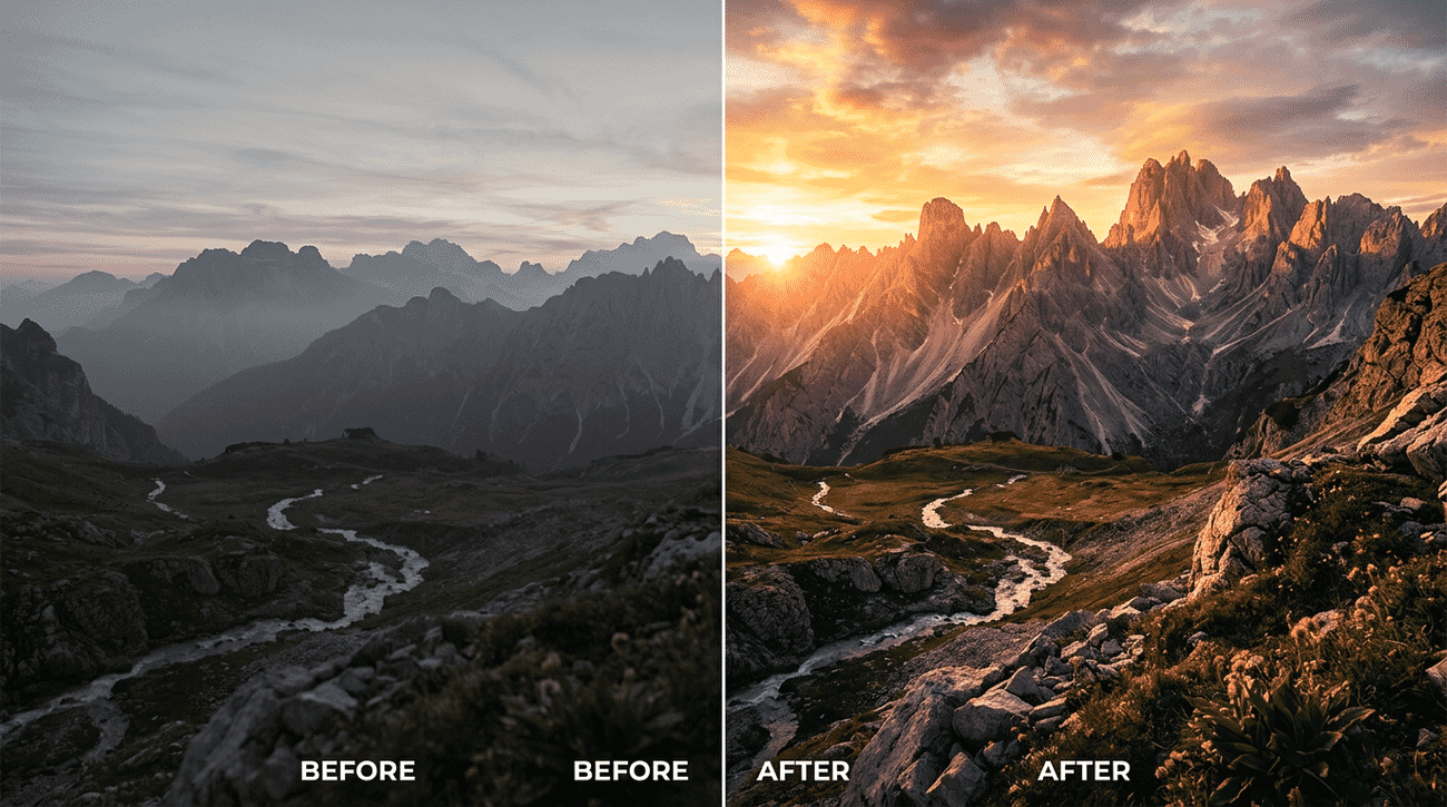 Nano Banana 2 before after landscape comparison - better scene continuity, duplicated labels