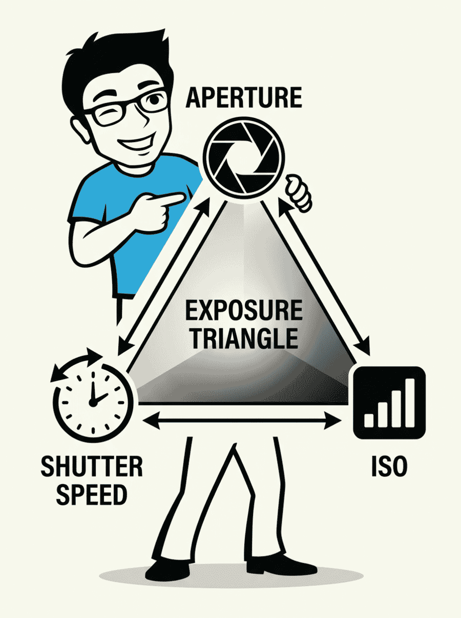 Nano Banana 2 exposure triangle infographic - dynamic mascot integration, bold design
