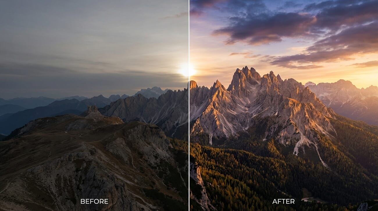 Nano Banana Pro before after landscape comparison - clean labels, professional layout