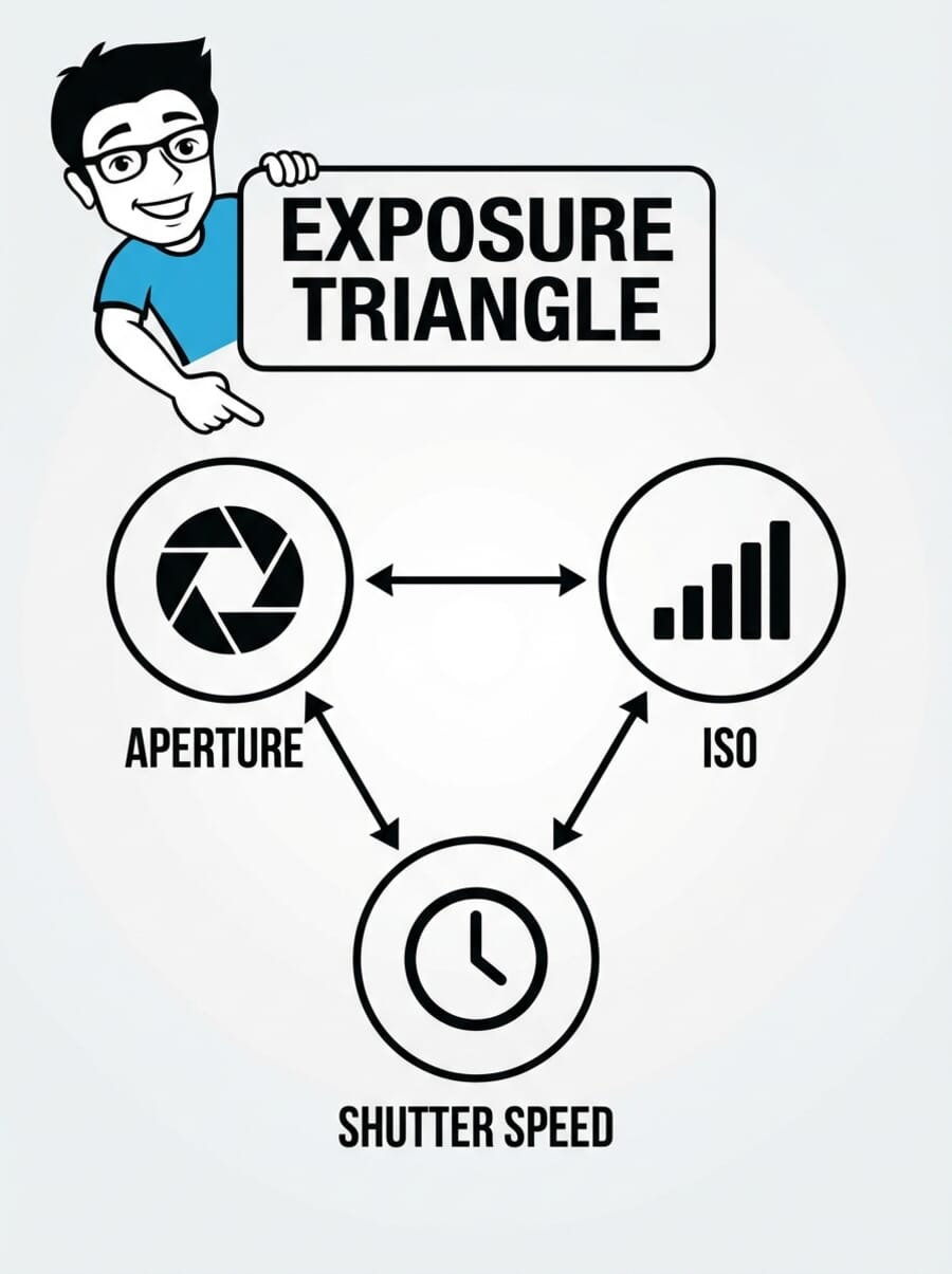 Nano Banana Pro exposure triangle infographic - clean layout, perfect text